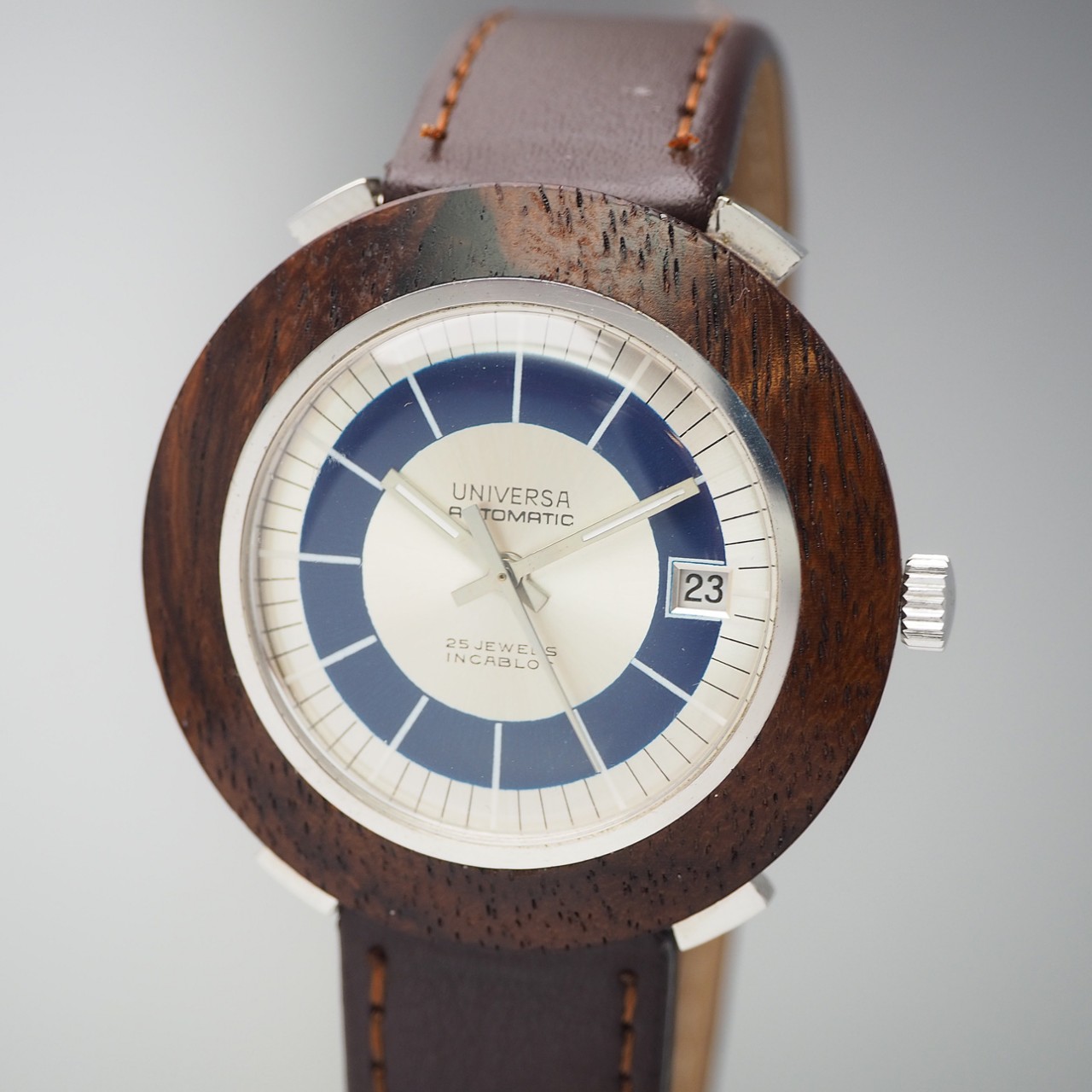 Universa Watch automatic Date WOOD, Silver 925, RARE